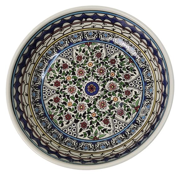 Vintage 80s Jerusalem Armenian Hand-Painted Ceramic Bowl 11.5" Floral Pottery - Picture 2 of 7